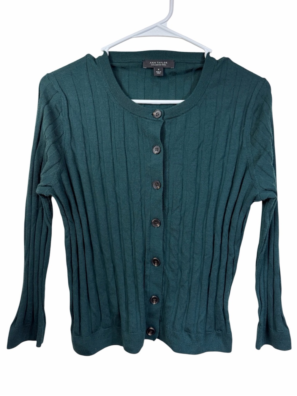 Ann Taylor Forest Green Teal Ribbed Button-Front Cardigan Sweater Size M